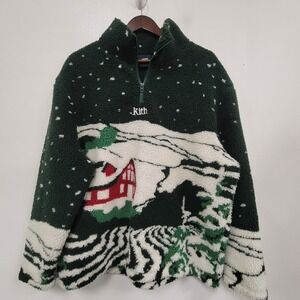 Kith Mens Lakeside Claremont Sherpa 1/4 Zip Sweater Size L Green Winter Cabin
